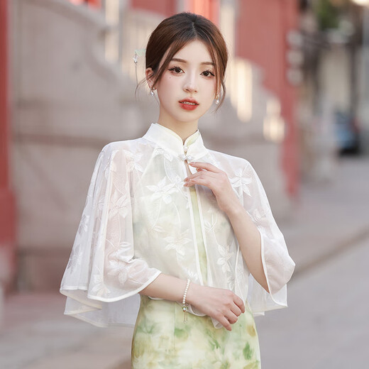 Cheongsam shawl with retro literary versatile coat cloak cardigan with cheongsam new style 2025 spring and summer 16961 m white shawl_Every size