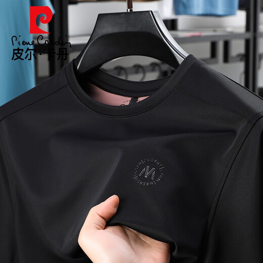 Pier Cardin mit Mulberry Seide kurzärmeliges T-Shirt für Männer sommerdünnstil atmungsaktiven Eissense Runden Hals Casual Sports Top T-Shirt D13601 Black M 165