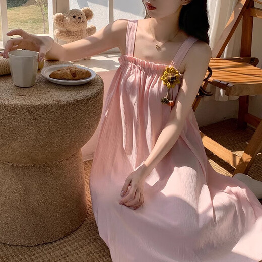 MONTAGUT summer new suspender nightgown for women thin cloud cotton simple sunflower can be worn outside with breast pad sweet dress jdx#9216 pink one size fits all m recommended 75-95Jin Jin is equal to 0.5 kg
