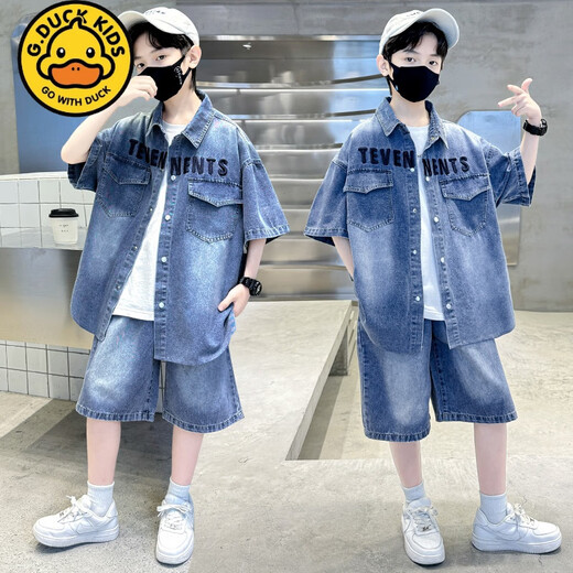 G.Duckkids Little Yellow Duck Boy Sommer Denim Set 2025 Neue Stil mit mittlerer und großer Kinder Sommer Kinder hübsches kurzärmelige Sport-Strickjacke TZK677-Blue-Anzug 120 Empfohlene Höhe 140-150 cm