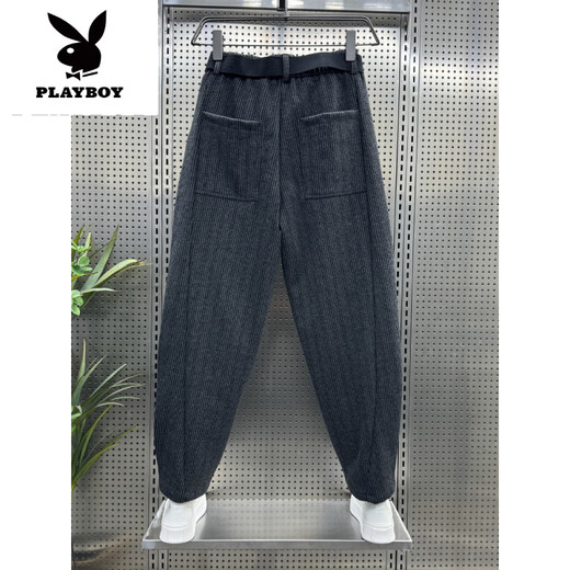 花花公子（PLAYBOY）2025新款网红条纹休闲裤男夏季西裤潮流百搭哈伦裤宽松锥形萝卜裤 黑色 28
