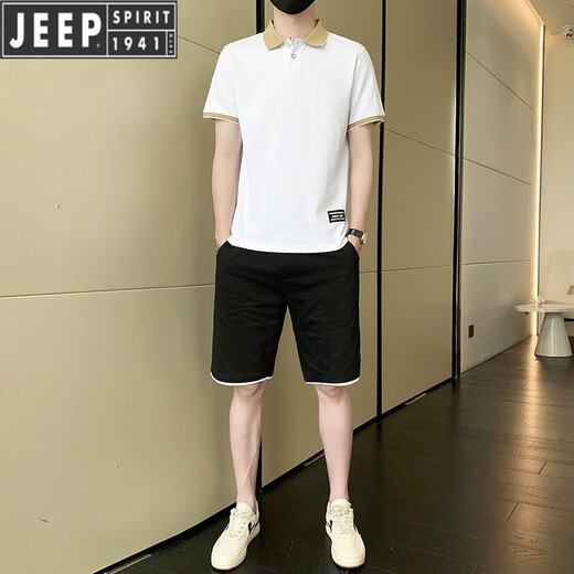 吉普（JEEP）运动休闲套装男士夏季薄款冰丝t恤短袖短裤两件套polo衫帅气百搭 白色9863(一套) M