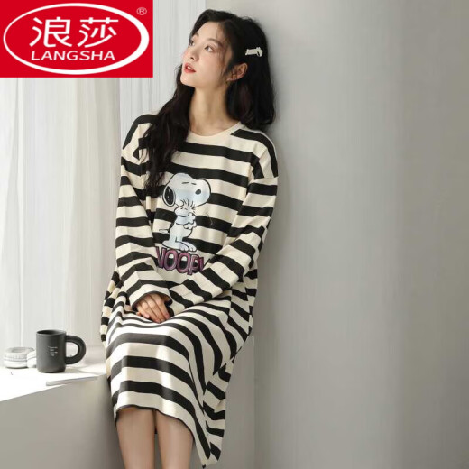 
LangSha 2025 new nightgown for women in spring and autumn long-sleeved pure cotton high-end autumn pajamas can be worn with striped home clothes on the outside W9764 long-sleeved nightgown XL 110-125Jin [Jin equals 0.5 kg]