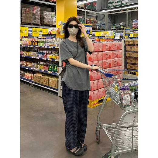 HUALIN FASHION韩风T恤睡衣女宽松格子长裤家居服休闲套装2025 683短长纯色格子 170 M