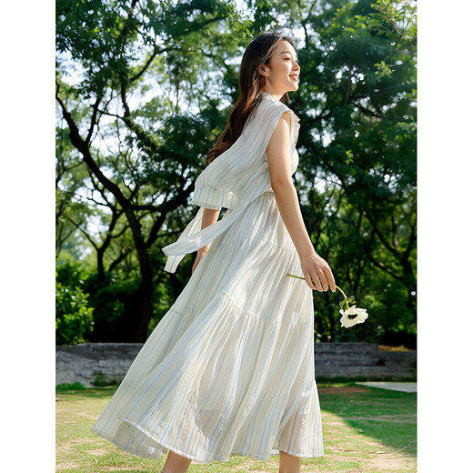 INMAN Lyocell resort style sleeveless shirt suit 2025 summer women's new elastic waist loose skirt yellow and blue strip S