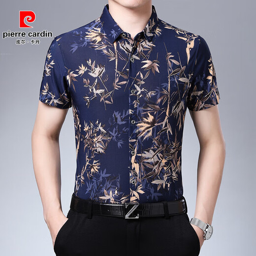 Pierre cardin summer youth men's short-sleeved shirt middle-aged large-sleeved print T-shirt men's pure cotton half-sleeved floral floral shirt thin style 673 red L 175 suggestions 145-165Jin [Jin equals 0.5 kg]