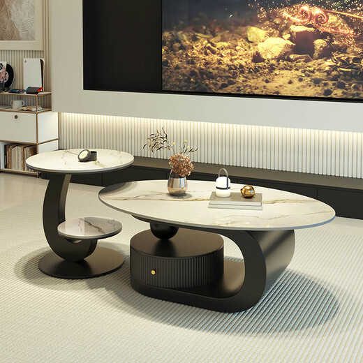 Manshun new oval slate coffee table modern simple living room home light luxury high-end small apartment with drawer combination combination black cabinet fish belly white 100*60 + side table 50