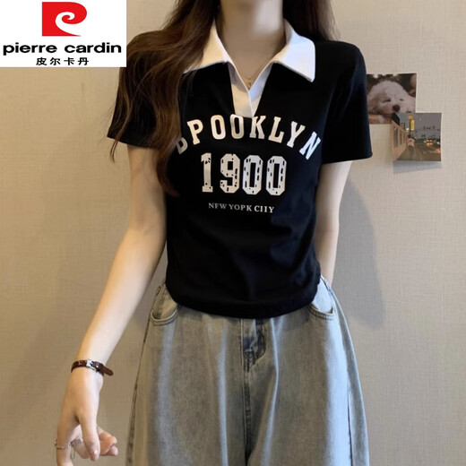 皮尔卡丹（pierre cardin）半袖女2025年新款大尺码女装夏季胖m妹正肩短袖t恤polo衫微胖女上 黑色 826【优质版】今年流行的轻 M 【建议80-100斤】