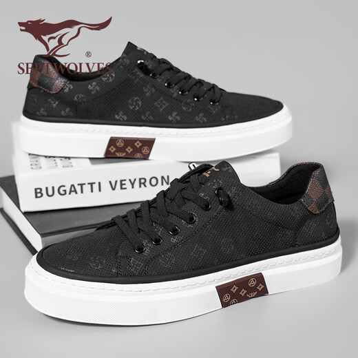 Sieben Wolf -Männerschuhe Sommer 2025 Neue Brettschuhe Herren -Leinwandschuhe Dicke Sohle atmungsaktive Männer lässige Schuhe Vielseitige Männerschuhe flache Schuhe schwarz [atmungsaktives Stil] 42 (260 mm) [Standard Lederschuhgröße]