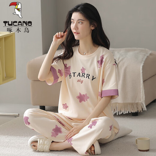 TUCANO; Woodpecker Summer Women's Short Sleeve Pajamas Set Pure Cotton Full-length Pants Home Suit Spring and Autumn Thin Style You can wear it outside in spring and autumn Y9712 M (Suggested 75-95Jin [Jin equals 0.5 kg])