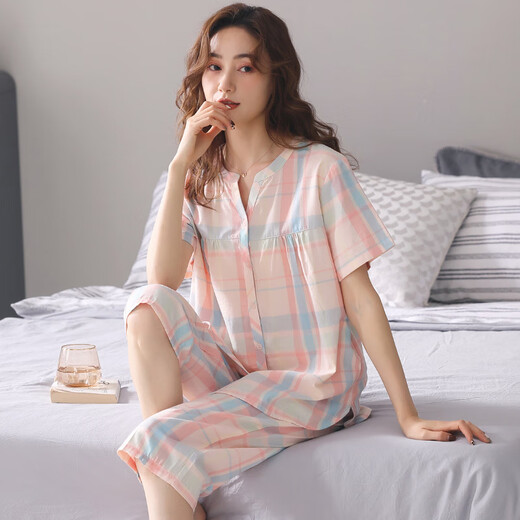 Modal woven cotton pajamas for women in summer thin short-sleeved cropped pants gauze summer home clothing suit cardigan S2--5012 yellow (cropped pants) L (recommended 100-120 Jin [Jin equals 0.5 kg])