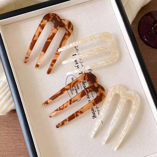 Idel French high-end U-shaped hair three-tooth acetic acid hairpin comb ball head comb clip hairpin hairpin simple hair comb F3324 acetic acid three-tooth M hairpin - coffee color + beige