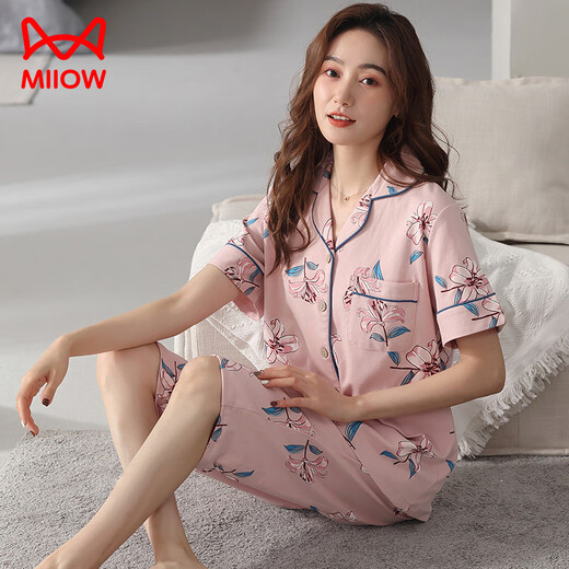 Cat man (MiiOW) pajamas for women in summer short-sleeved cropped pants cardigan cotton lapel loose large size casual home clothing set can be worn outside NX9893 M women