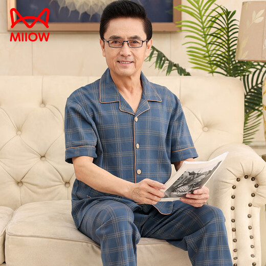 猫人（MiiOW）中年爸爸睡衣男士夏季短袖长裤100纯棉套装老年人加肥加大码薄款 698 3XL (建议170-190斤)