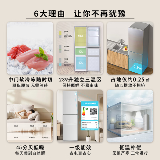 CHIGO 239 liter three-door refrigerator household small first-class energy efficiency large-capacity refrigerated fresh-keeping soft-frozen partitioned storage energy-saving three-temperature zone refrigerator for rental house trade-in 239 liter three-door three-temperature zone white model first-class energy efficiency