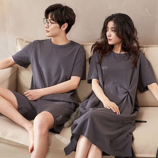
Yalu couple pajamas for women in summer cotton short sleeves sexy women men's shorts summer large size clothing TM12138 skirt M women + men's L