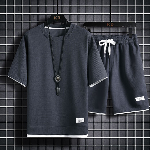 
Zhaoxun Guangzhou 13-line T-shirt waffle short-sleeved T-shirt men's summer loose large size sports khaki shorts suit thin 829 black [set] M 100-120Jin [Jin equals 0.5 kg]