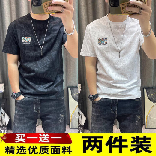 荣西图（RONGXITU）短袖恤男2025新款两件装潮男印花半袖体恤衫男士修身薄款上衣男 829短袖黑色【单件装】 M 【建议80-100斤】
