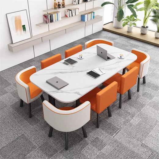 Xiangmaoheng small conference table 8 people simple modern business training rectangular long table reception and negotiation table and chair combination 90*150 imitation white table gray cloth