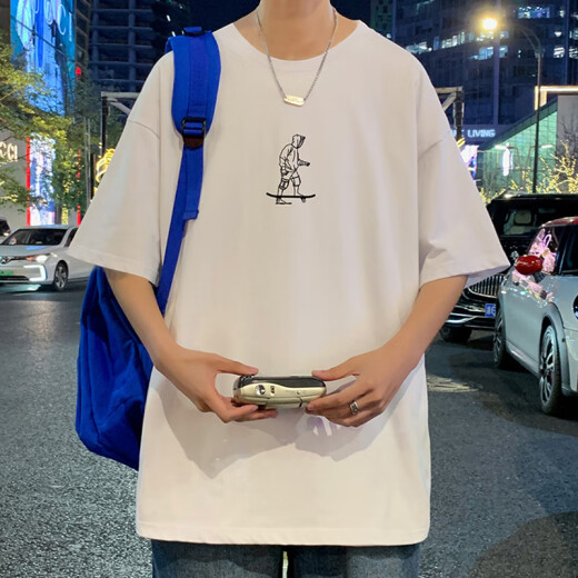 GTYUWVG纯棉T恤男潮牌潮流休闲宽松圆领短袖男生青少年夏季新款百搭体恤 3892蓝色 M 约100-120斤可穿