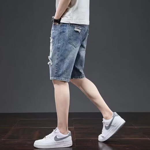 唐号破洞牛仔短裤男夏季薄款宽松直筒五分裤潮牌ins男士休闲5分中裤子 6190蓝色 蓝色 32