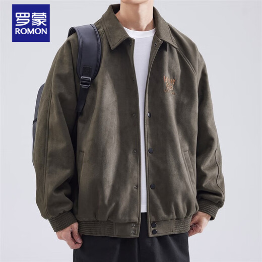ROMON high-end lapel jacket men's autumn and winter new heavyweight imitation suede American retro casual cardigan jacket gray green L weight 120-140Jin Jin equals 0.5 kg