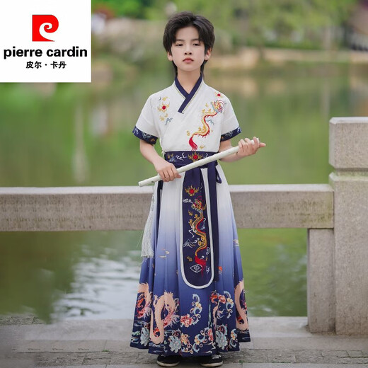 Pierre cardin Hanfu boys summer 2025 new ancient costume boys short-sleeved Chinese style thin children's ancient style Chinese language performance costume MS-9858 [Blue Dragon] Pay attention to priority delivery 120 [weight 32-40 Jin [Jin equals 0.5 kg]]
