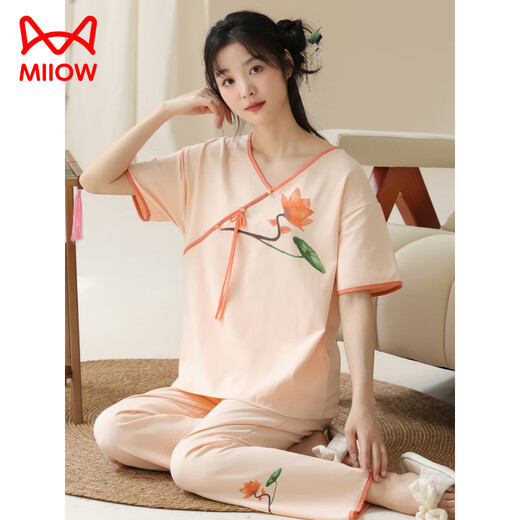 Catman (Miiow) Pajamas à manches courtes pour femmes Summer New Chinese Style mince Coton Home Clothers peut être porté à l'extérieur pour l'été décontracté Lzy9906 XL (recommandé 115-130jin [Jin est égal à 0,5 kg]))