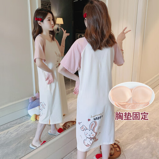 莫代尔睡裙女夏季短袖薄款纯棉带胸垫一体睡衣卡通学生外穿家居服中长款 838#小阿狸(过膝) 2XL [建议130-145斤]