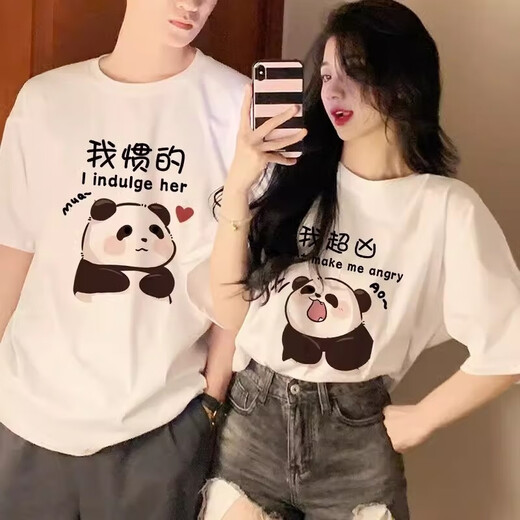 Different couples' suits, summer short-sleeved 2024 new summer internet celebrity feels like a special T-shirt trend. Black women's clothing single-piece-698 couples panda L