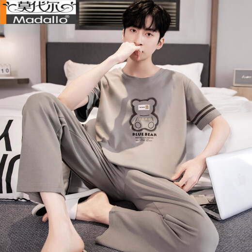 莫代尔睡衣男夏季短袖长裤纯棉休闲大码家居服可外穿潮流全棉套装可外穿 Y9207 F93012 L 【建议100-130斤穿】