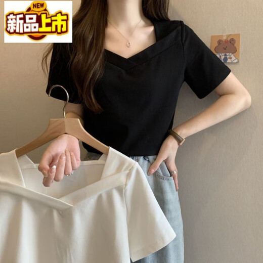 初径（CHUJING）短袖恤女2025新款甜辣胖大码女夏装宽松微胖正肩显瘦遮肚上衣 白色 829-方领弧形下摆 【版】 M 适合80-100斤
