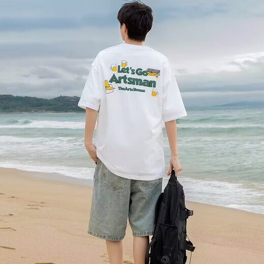 迪伽达美式慵懒设计感纯棉短袖T恤男夏季潮流高街宽松百搭休闲半袖上衣 WJFS-C677藏青色 XL