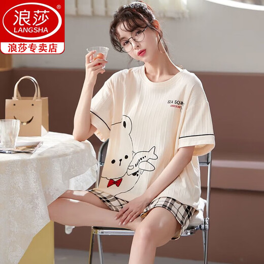 浪莎冰丝睡衣女夏季短袖2025年新款韩版可爱夏天薄款可外穿家居服套装 6630# M 【推荐80-95斤】