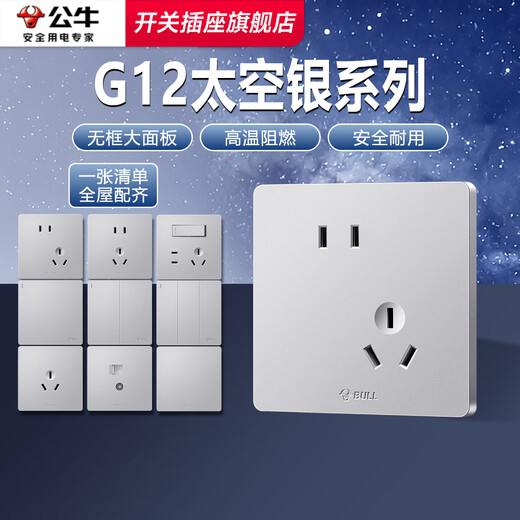 公牛（BULL）G12太空银开关插座面板全屋套餐86型家用墙壁空调usb暗装电源插座 斜五孔（10只装） 插座