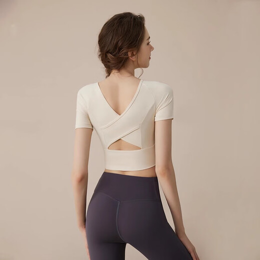 Yoga suit for women running sports fitness suit Pilates training suit with chest pad T-shirt short-sleeved quick-drying clothes Yoga suit for [ivory white + sauce purple gray] L