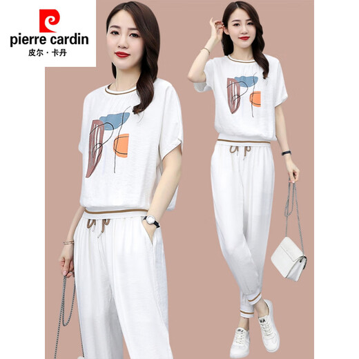 皮尔卡丹（pierre cardin）休闲时尚套装女夏季新款洋气T恤薄款小个子冰丝运动服短袖两件套 【684】黑色 M (建议100斤以下)