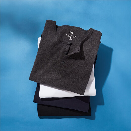Giordano T-shirt men's new solid color casual henley shirt thickened pure cotton brushed long-sleeved t-shirt men 01022803 09 logo black L