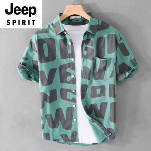Jeep Spirit Summer Herren Kurzärärmelte gedrucktes Hemd Strand Trendy Herren komfortable und modische Jugendliche Loose Cotton Casual Shirt 9766 Meter Weiß XL