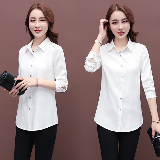 皮尔卡丹（pierre cardin）【9716人好评】春秋纯色白衬衫女外穿上衣长袖气质百搭打底衫宽松 白色 【春秋季不加绒】 L 【建议85-100斤】