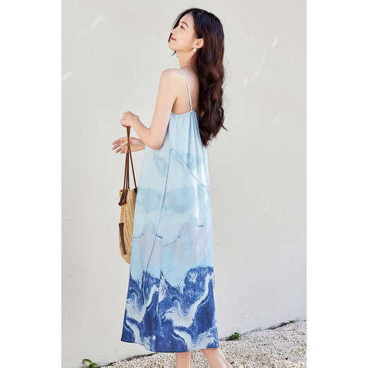尚都比拉度假风连衣裙女夏季新中式国风吊带裙中长款A字裙 蓝底花色  L 