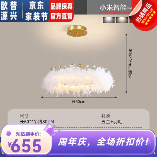 卧室灯法式羽毛吊灯轻奢女孩公主房间灯艺术店铺网红中山灯具 9272吊灯白色35cm 三色变光