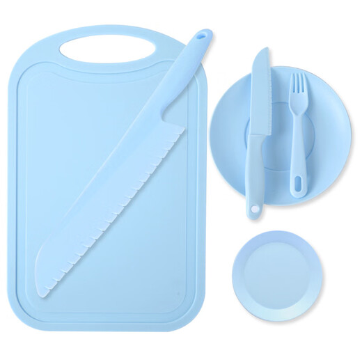 东之天地儿童不伤手塑料辅食菜刀水果刀安全早教幼儿园切水果教学砧板套装 【蓝色】安全刀具套装【6件套】