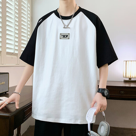 龙桃子插肩袖t恤男夏季美式潮流撞色圆领套头衫男生青少年设计感体恤衫T 1105白色 M 约85~105斤可穿