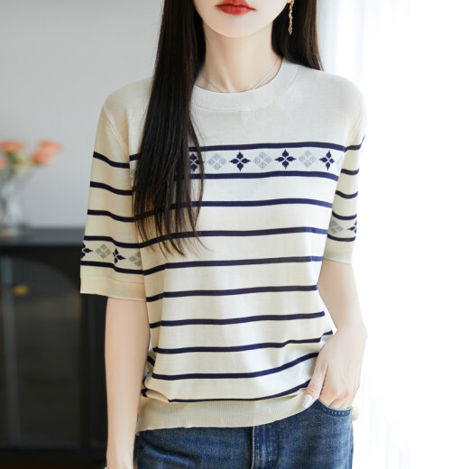 
Mushi Summer Tennis Knitted Short Sleeve Women's Round Neck Thin Jacquard Knitted Half Sleeve Base Shirt Laiser New DMR854 White L