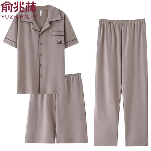 Yu Zhaolin Pyjamas Herren Sommer reines Baumwoll-Drei-teilige Kurzarmshorts Lange Baumwolle Lose Freizeitkleidung Set Dünn 9277 3xl