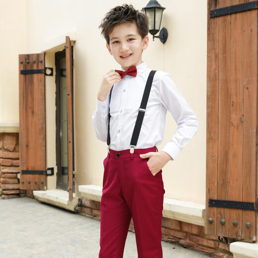 Feathered duck 4 children's white shirt 5 boy 8-year-old student 6 spring and autumn flower girl dress 7 handsome boy performance overalls suit 9 cotton burgundy long-sleeved four-piece set 160 cm