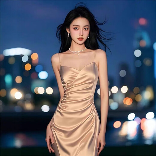 T 天启世纪时尚高级感缎面吊带连衣裙女春季修身收腰独特气质礼服包臀裙 香槟色连衣裙 M 【建议98-108斤】