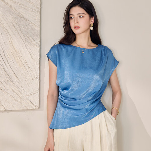 Roeyshouse Lace High Blue Satin Shirt Frauen 2025 Sommer neuer Stil Chic Falten Taille Slim Bodysuit 12043 Blau 2xl