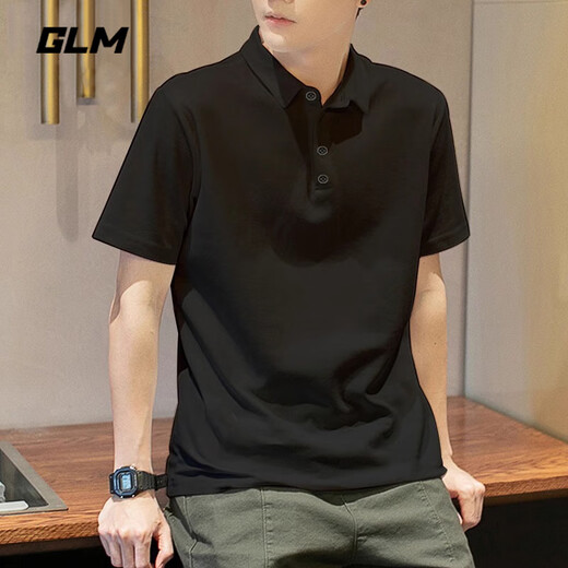 GLM短袖t恤男透气夏季翻领polo衫速干T恤冰丝感休闲运动上衣黑色2XL